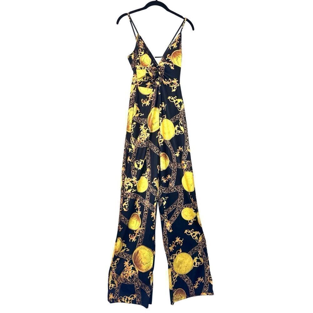 Soho Chic Keyhole Coin Print Sleeveless Black Gold One Piece Jumpsuit Size Small